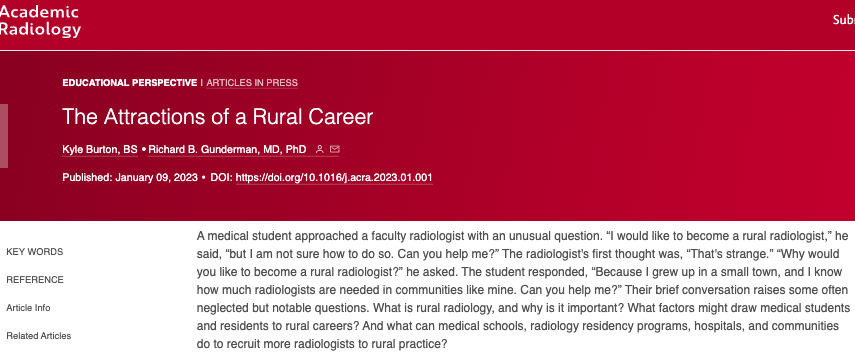 The APDR (@theapdr) on Twitter photo What are the needs for #radiologists in rural communities? How can students look into these options for their careers? Important considerations in <a href="/AcadRadiol/">Academic Radiology</a> in looking at these needs to serve patients. #RadEd <a href="/futureradres/">Future Radiology Residents</a> <a href="/TheRadRoom/">TheRadRoom</a>
academicradiology.org/article/S1076-… What are the needs for #radiologists in rural communities? How can students look into these options for their careers? Important considerations in <a href="/AcadRadiol/">Academic Radiology</a> in looking at these needs to serve patients. #RadEd <a href="/futureradres/">Future Radiology Residents</a> <a href="/TheRadRoom/">TheRadRoom</a>
academicradiology.org/article/S1076-…
