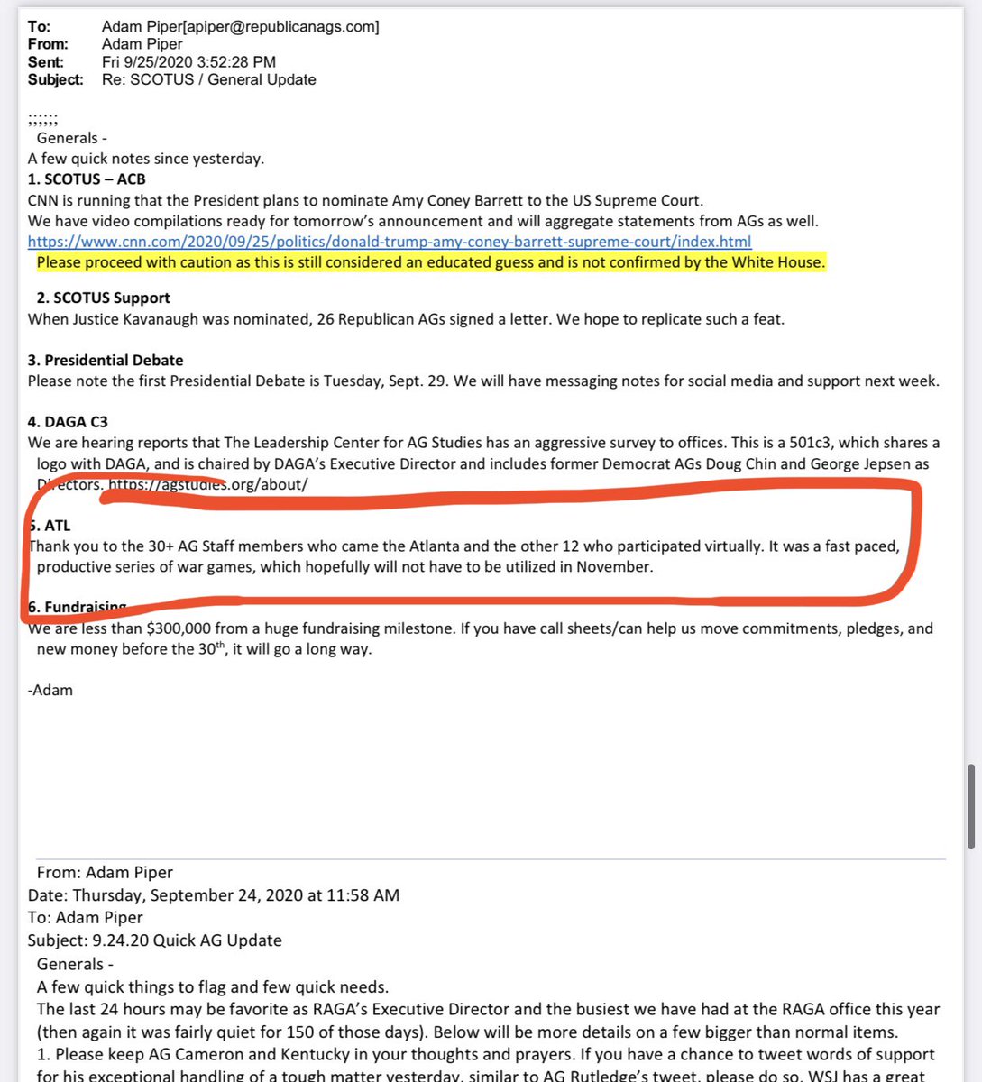 BetoAngelMommas's tweet photo. Some reporting about #AdamPiper's #RAGAwargames & an email from him which confirms at least 30+ AG's & staff huddled together to make plans to overthrow the election if Biden won.
Piper eventually took the hit over RLDF RAGA Robocalls for the #January6th STS events
#AliAkbar https://t.co/uA9IGejBgr