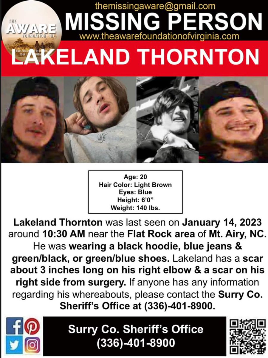 Please #SHARE #RT #mountairync #BOLO #MISSINGPERSON
#FindLakelandThornton #TheAWAREFoundation Lakeland had been missing since Jan 14, 2023. Call @SurryCoSheriff with info!