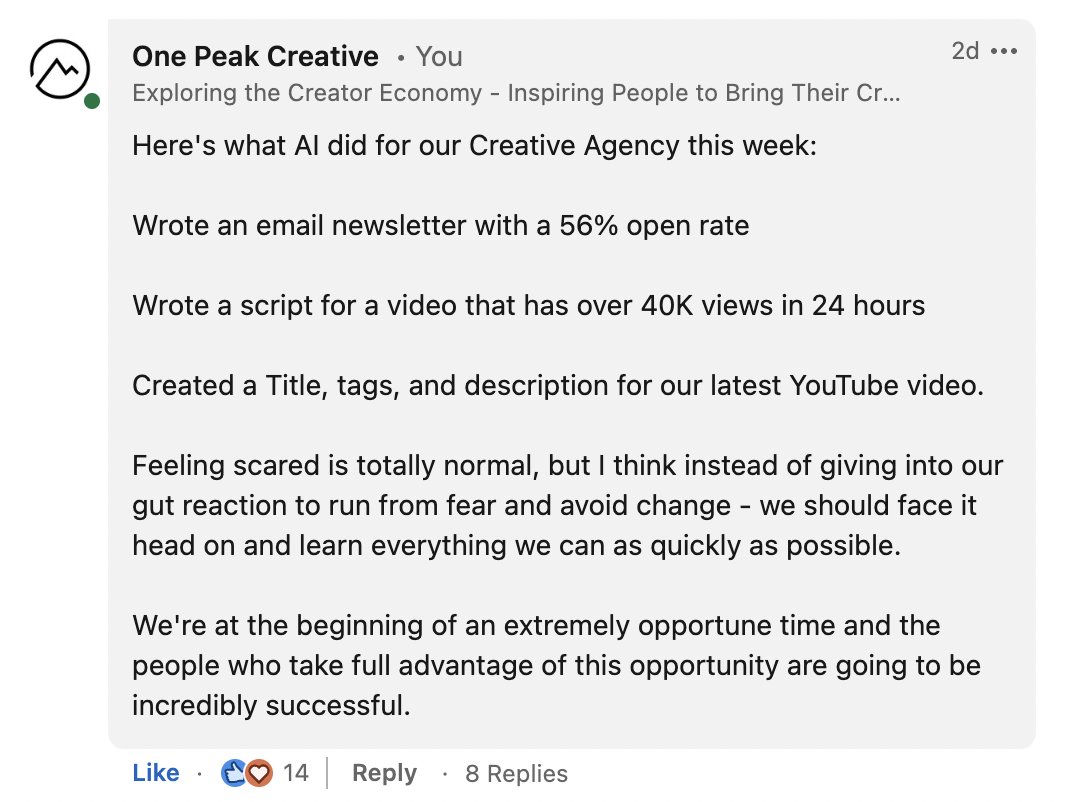 onepeakcreative's tweet photo. Feeling overwhelmed with all of the #ChatGPT talk? https://t.co/fPRVID4G8d