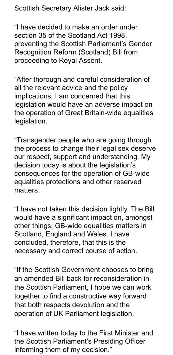 debbiesuth1's tweet image. The statement. #GenderRecognitionReformBill #Blocked #CommonSense #ResignSturgeon