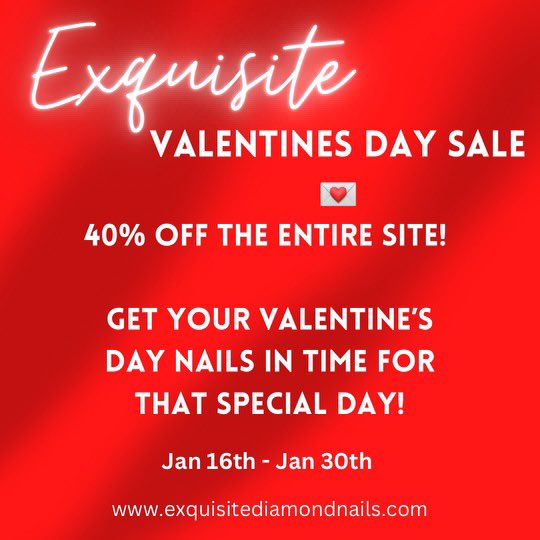 It’s that time again! We’re having a Valentine’s Day sale 💌 40% OFF the entire website until January 30th! 

Treat yourself, your nails will thank you later ❤️ 

#pressons #pressonnails #pressonnailsforsale #pressonnailslovers #valentinesnails