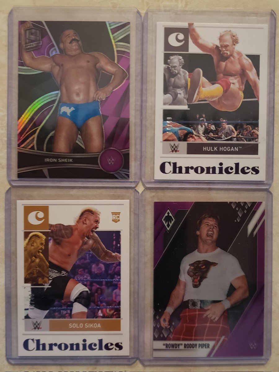 A few purples /49 from the Panini Chronicles set 💜

#wrestlingcards #wwecards #Panini #IronSheik #HulkHogan #SoloSikoa #RowdyRoddyPiper