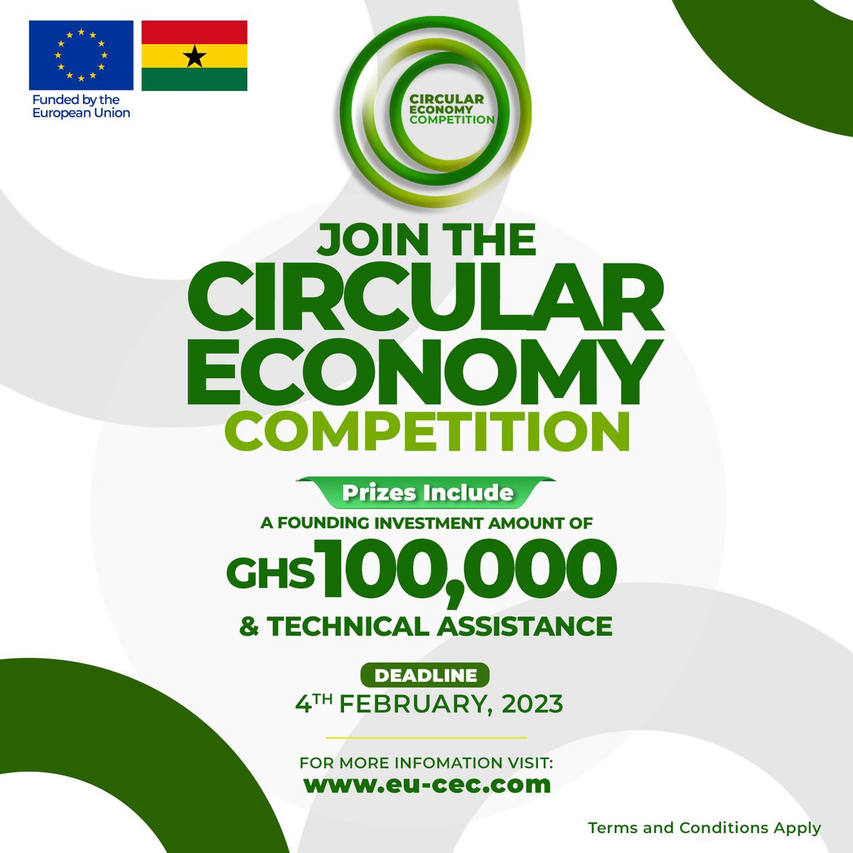 Last year @europeinghana gave the winners GHs 65,000.
This year, season 2 of #CircularEconomyCompetition is bigger with up to GHs 100,000 in seed funding for grabs.
 Submit your idea now at  eu-cec.com  before 4th Feb 2023 
#GoCircular 
#GoGreen #startupbusiness