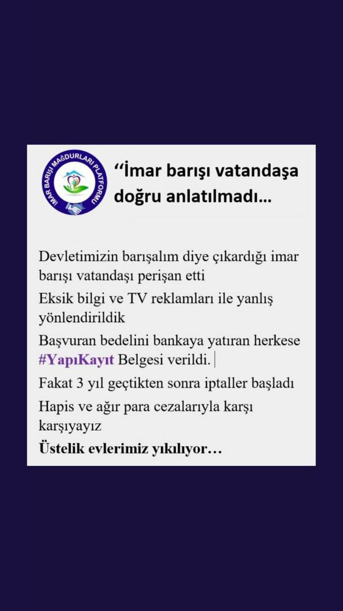 #imarbarışıgüncellensin
Verilen hak geri alınmaz  Vatandaşımız zor günler yaşıyor Geniş Kapsamlı #imarBarışı 
#DevleteAdaletYakışır
<a href="/RTErdogan/">Recep Tayyip Erdoğan</a> 
<a href="/dbdevletbahceli/">Devlet Bahçeli</a> 
<a href="/bbpgenelmerkez/">BÜYÜK BİRLİK PARTİSİ</a>
<a href="/AlaattinCakir07/">Alaattin Ç A K I R 🇹🇷</a>  <a href="/Mustafa_Destici/">Mustafa Destici</a>