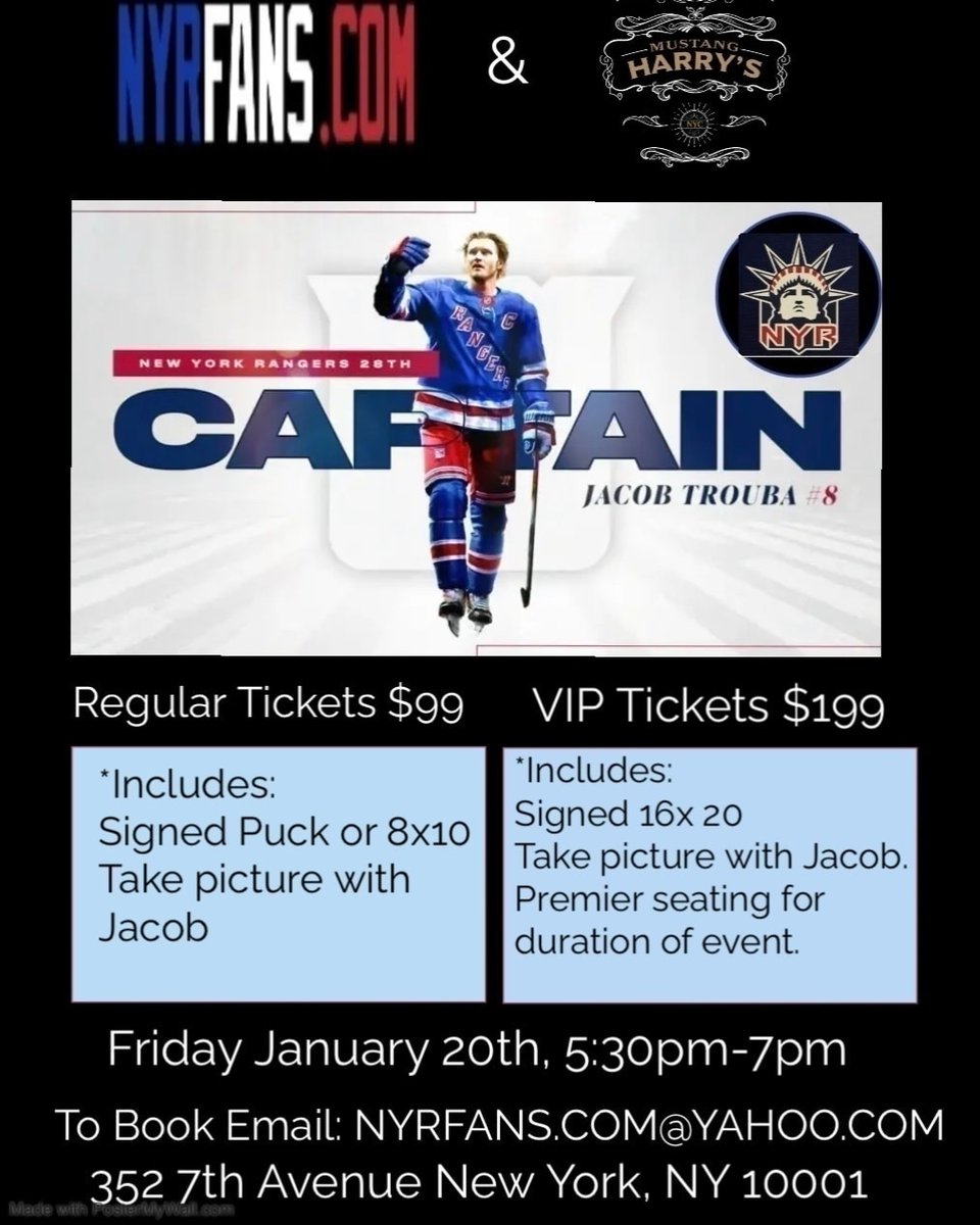 Nyrfanscom's tweet photo. This Friday ! Book nyrfans.com@yahoo.com 
#NYR #Trouba https://t.co/oc3CapVo4O