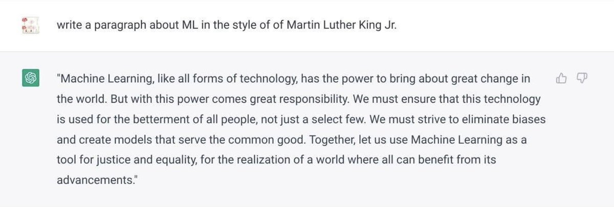 Every year I teach at <a href="/stanforddschool/">Stanford d.school</a>, #MLKday is the first holiday - and I always wanted to do a "Putting the ML in MLK" kinda activity. This year, #ChatGPT helped me create some awesome examples for the students, including "write a paragraph about ML in the style of MLK"