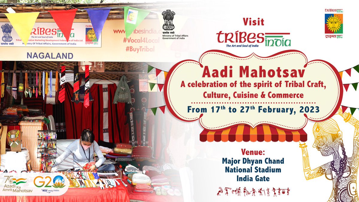 TRIFED is committed to channelizing the natural skills of tribals to promote their products &amp; empowering the tribal communities economically. #AadiMahotsav will be organised at #MajorDhyanChand National Stadium,#IndiaGate from 17th to 27th February 2023.
#AmritMahotsav #G20India