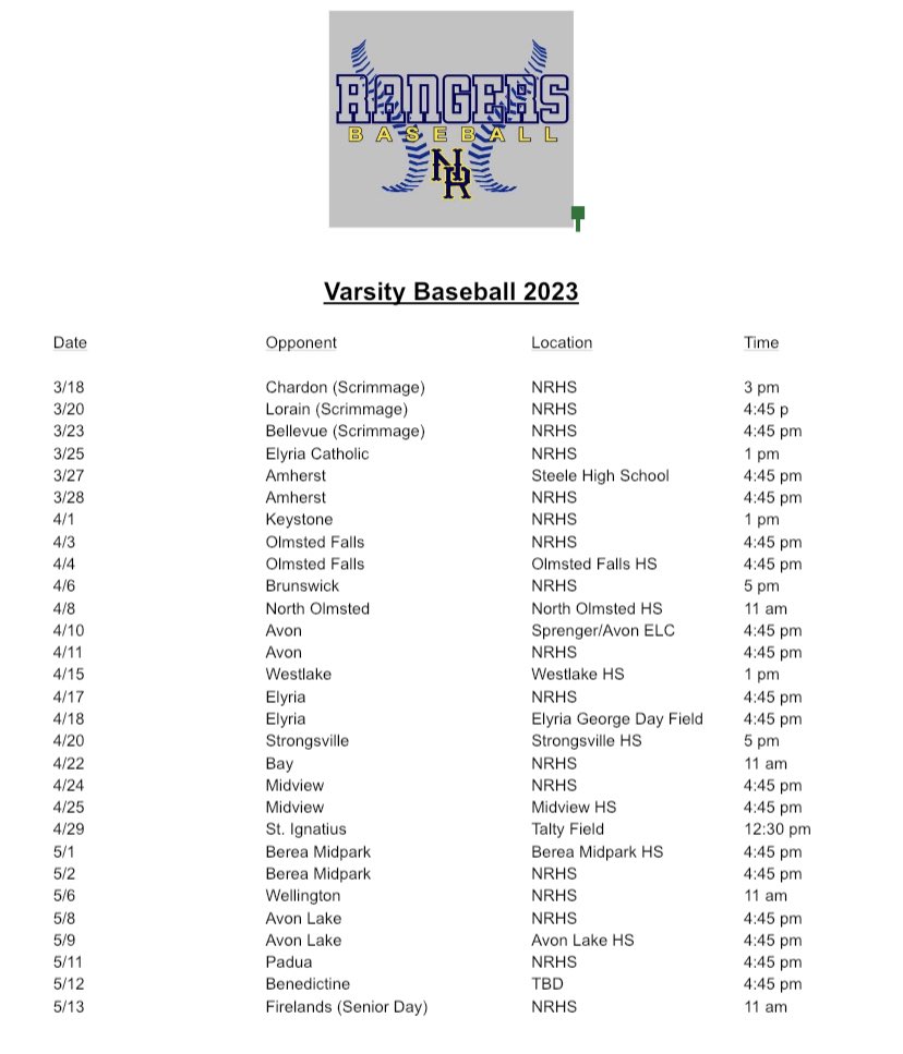 2023 Rangers Baseball Varsity Schedule