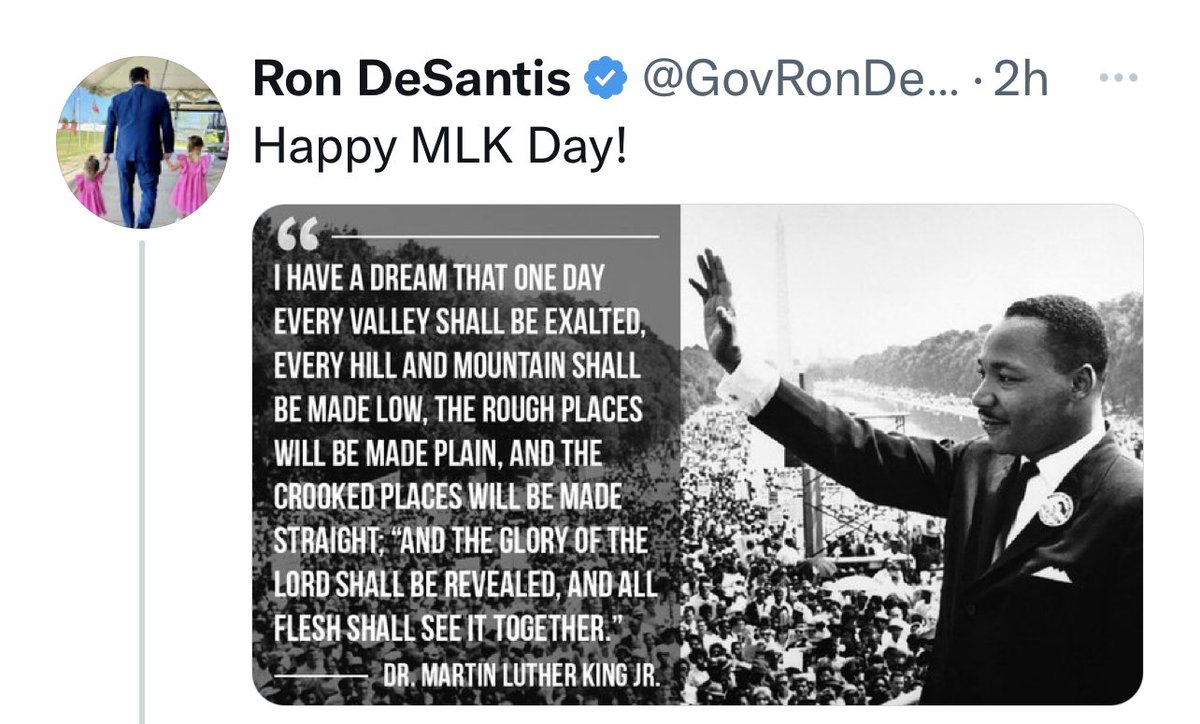 JoJoFromJerz's tweet photo. Ron DeSantis signed a law which restricts the discussion of race in schools, colleges and workplaces. He also wrote a book which includes justifications excusing the legalization of slavery in the United States Constitution.

But hey, “Happy MLK day!” 👍🏻 https://t.co/aZ37DLyg9O