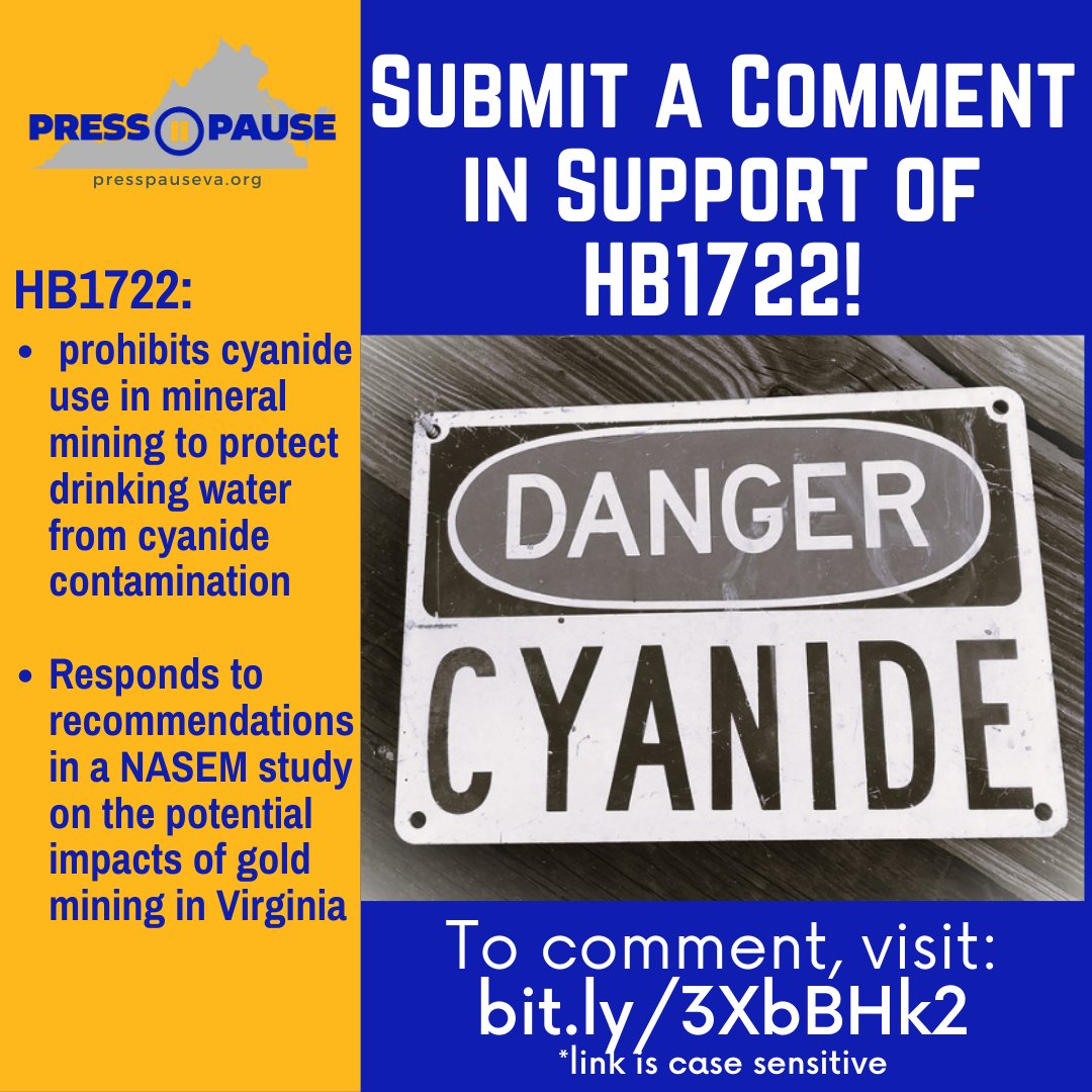 presspauseva's tweet image. Action needed today!  No one should have to worry about cyanide in their drinking water sources - Submit a comment in support of HB1722, which would prohibit cyanide use in gold mining!   Comments can be submitted at bit.ly/3XbBHk2
Talking points: bit.ly/3GMs04u