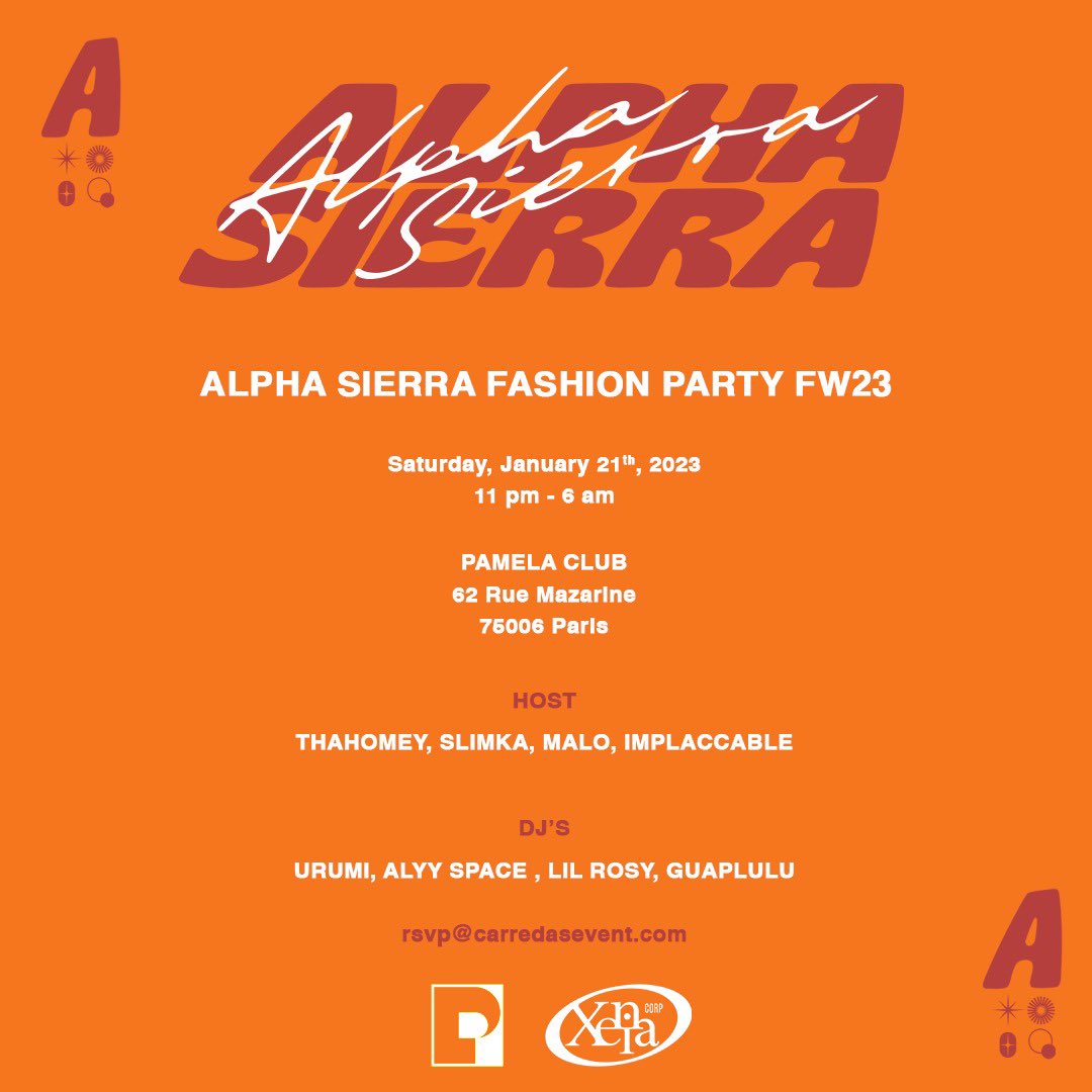 L’ALPHA SIERRA FASHION PARTY c’est ce samedi 21.01 au Pamela Club. 
Précommande le projet afin d’être sur la liste♦️♣️♥️♠️
carredasevent.com