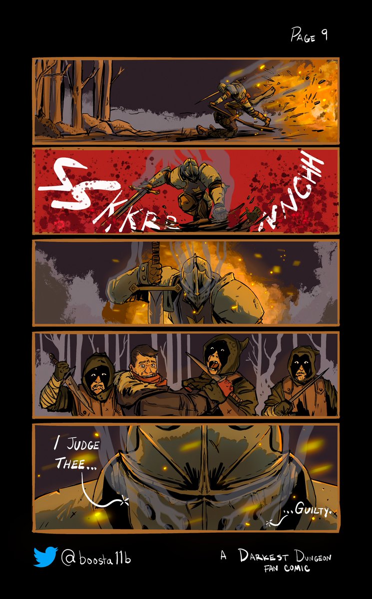 boosta11b's tweet photo. Act I, Page 9 of my #DarkestDungeon fan comic-- "A Crushing Blow". 

Catch up with the rest of the pages here: https://t.co/T5u9hYAevB https://t.co/06RiEGcxh4