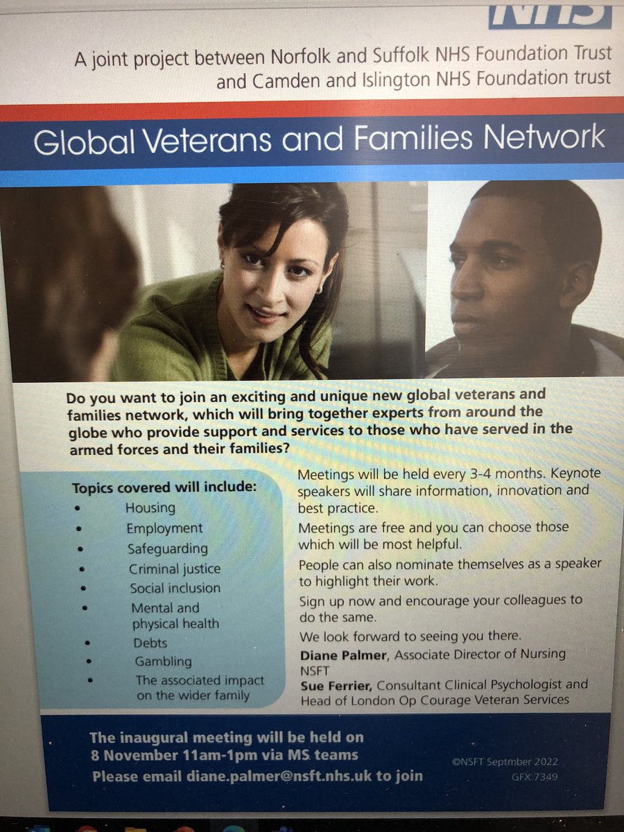 Next GLOBAL #Veterans & #Families #Network is on the 2nd feb , with @davidhopalong @ChloeMackayFE @__NickWood__ as key note speakers. DM me if u wish to join. Meetings will be now be held every 3 months due to high demand.@NHSArmedForces #ExForces #Military #ExMilitary #NHS #MOD