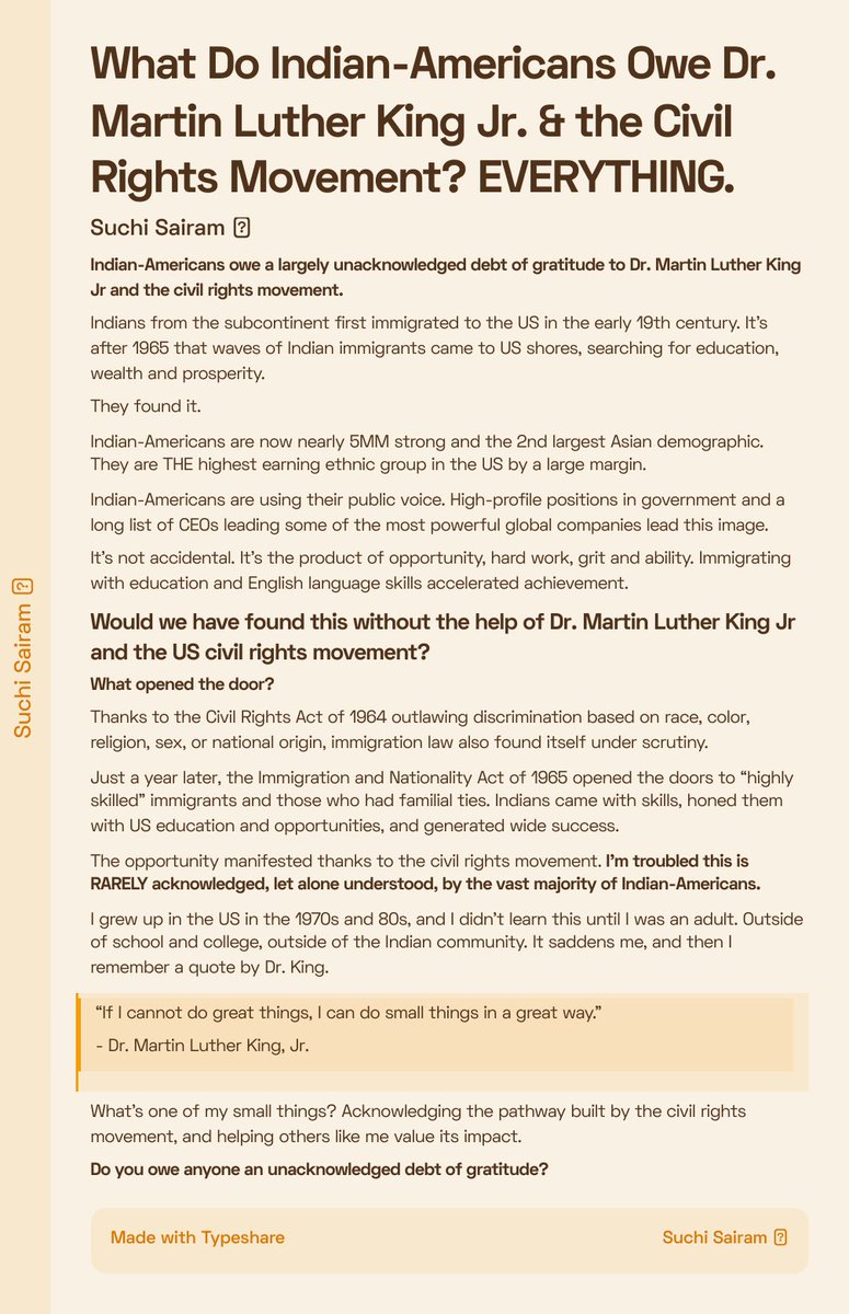 What Do Indian-Americans Owe Dr. Martin Luther King Jr. & the Civil Rights Movement? EVERYTHING.

#ship30for30 #ship30 #MLKDay #MartinLutherKingJrDay #indianamerican #gratitude #acknowledgement