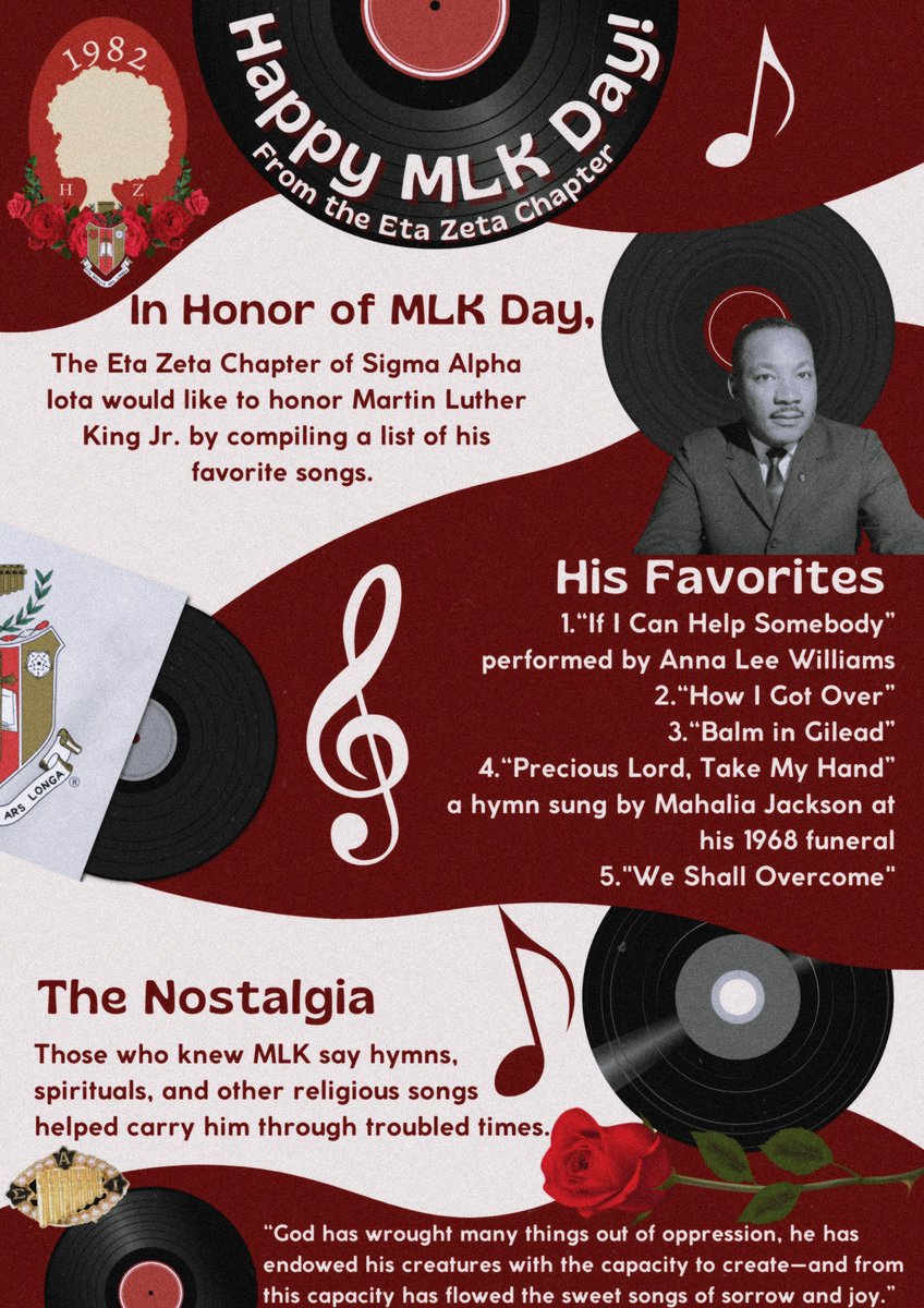 EtaZetaSAI's tweet photo. In honor of MLK Day, The Eta Zeta Chapter of Sigma Alpha Iota would like to honor Martin Luther King Jr. by compiling a list of his favorite songs.๐น #etazeta #gramfam https://t.co/8pZ4cy8VDb