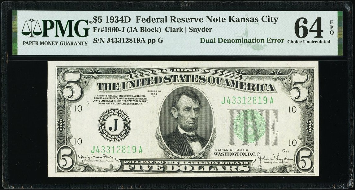 SPMC_1961's tweet photo. Society of Paper Money Collectors Presents the Note of the Day!
1934-D $5/$10 Federal Reserve Note Error: Double Denomination
Fr. 1960-J
Photos Courtesy of Heritage Auctions
#Noteoftheday #Societyofpapermoney #papermoney #History #Error #MajorMistake #DualDenom #smallsize #PMG https://t.co/hjRZn6xGJx