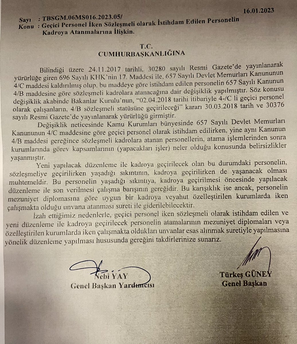 1-Sözleşmeli personele kadro verilmesini öngören, bugün TBMM Bütçe ve Plan Komisyonunda kabul edilen kanun teklifi, kadroya atanmalarda meydana gelebilecek tereddütleri gidermeye Cumhurbaşkanlığı yetkilidir hükmüne yer vermiştir.