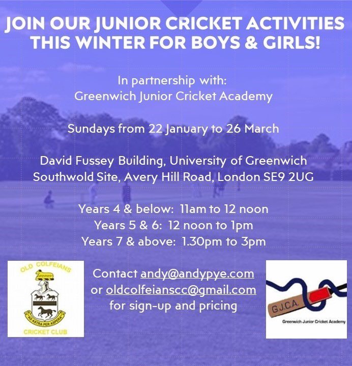 OldColfeiansCC's tweet image. Junior cricket practice/coaching for boys and girls starts this Sunday, in partnership with Greenwich Junior Cricket Academy! See photo for full details.