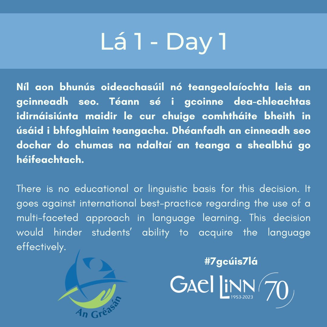 GaelLinn's tweet photo. Cúis 1 - Lá 1

Tá muid ag moladh go láidir nach rachfar ar aghaidh leis an gcinneadh le Páipéar 1 Gaeilge a scrúdú ag deireadh an Chúigiú Bliain.

Gael Linn and @AnGreasan are calling for the decision to assess Paper 1 at the end of 5th year to be retracted.  #7gCúis7Lá #EdChatIE https://t.co/3oOZnUFDui