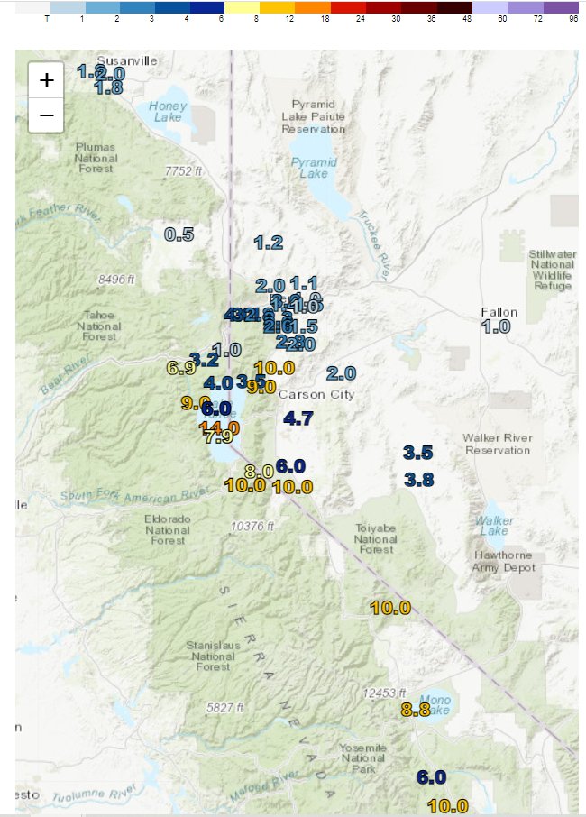 NWSReno's tweet photo. Here's a snapshot the latest snowfall totals across the region this morning. Additional snowfall is expected to continue into the early evening. Find an interactive map of snow totals here: https://t.co/E3z1kFrVCS #nvwx #cawx https://t.co/T6KaxftYKJ