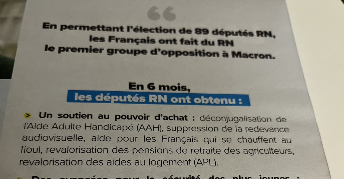 Deconjugalisation de l’AAH et la revalorisation des retraites agricoles dans la PF du #RN. Visiblement le travail <a href="/lesRepublicains/">les Républicains</a> n’est pas si mauvais en période électorale. Ce bilan est le notre : une opposition qui agit pr la France <a href="/AurelienPradie/">Aurélien Pradié</a> <a href="/JulienDive/">Julien DIVE</a> <a href="/oliviermarleix/">🇫🇷 Olivier Marleix</a>