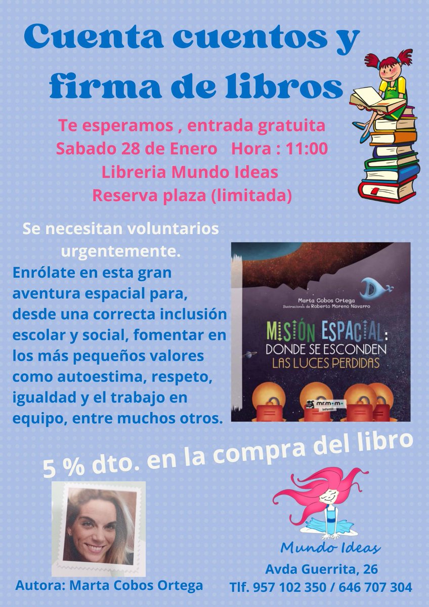 ¡¡ ATENCIÓN !!!
😉 Sábado 28, a las 11 de la mañana
📣#Cuenta #Cuentos 📣, plazas limitadas,ENTRADA #GRATUITA
☎️ 646 70 73 04  Avenidad Guerrita, 26 14005
📨  libreria.mundoideas@gmail.com