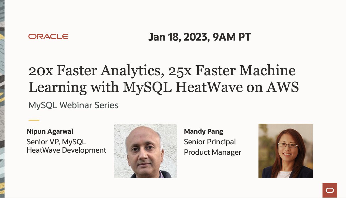 MySQL's tweet photo. [Live Webinar] JAN 18. 9AM PT. Learn how to build MySQL applications on AWS with OLTP, analytics, and machine learning. https://t.co/cIs1ntk87H
#MySQL #MySQLHeatWave #AWS #AmazonAurora #Amazonreshift https://t.co/F0AXtJWgGJ