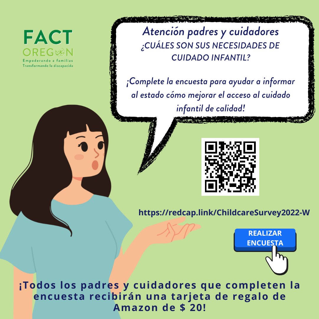 FACTOregon's tweet image. La División de Aprendizaje Temprano está pidiendo su retroalimentación sobre la experiencia de su familia en la búsqueda y el uso de los servicios de Cuidado infantile. 

Visite redcap.link/ChildcareSurve… para tomar la encuesta de 15 minutos.

La encuesta cierra el 31 de enero 2023.