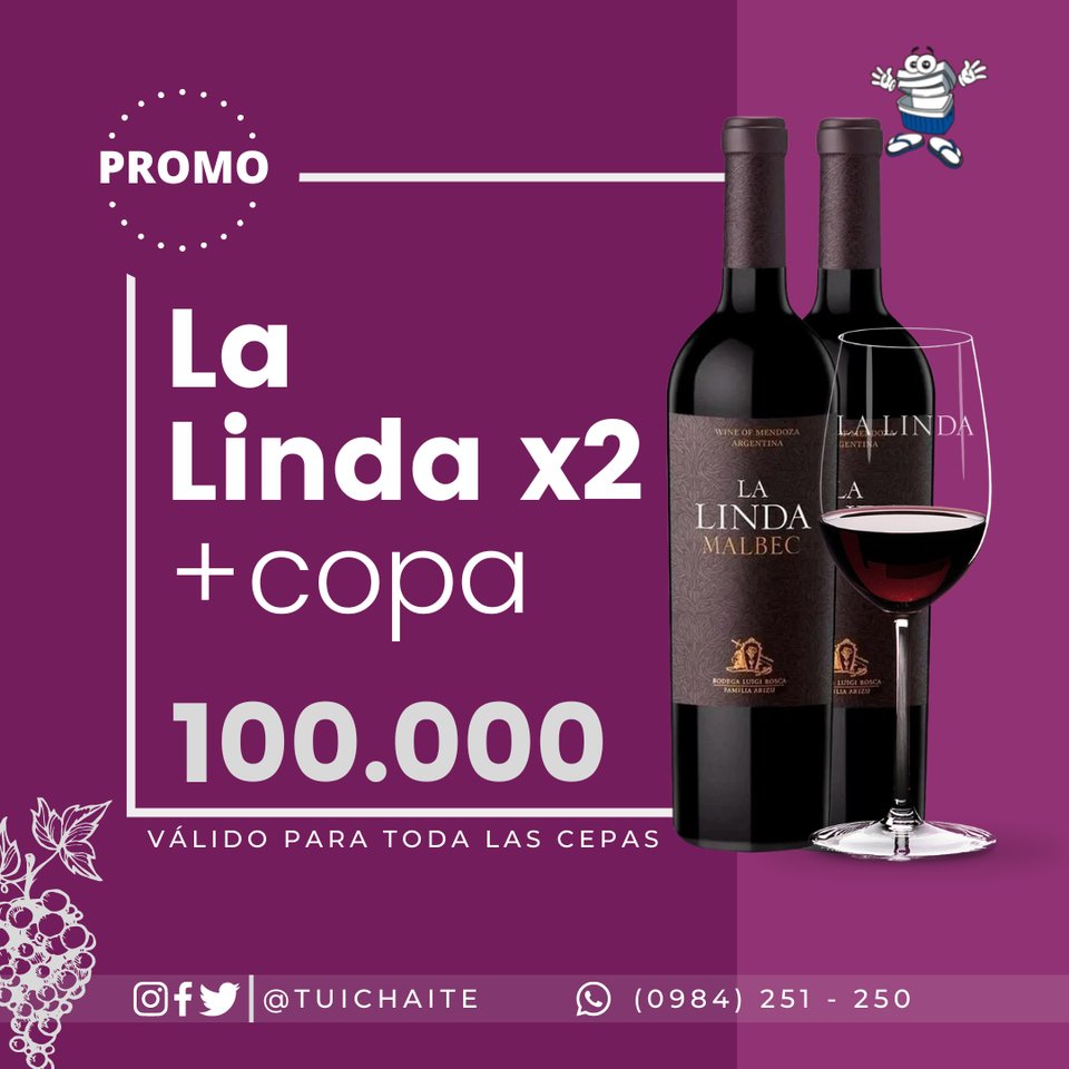 TUICHAITE's tweet photo. 📢 PROMO Vino La Linda bot. 750ml x2 + copa de regalo 100.000, disponible en la sucursal de Felix Bogado.
# Tuichaite_Minimercado
🛵Entrega 📲 (0984) 251 - 250 https://t.co/zi3hfoZtd2