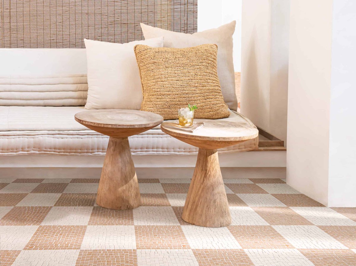 Roman Check, inspired by the ancient mosaics of the roman African tradition, is shown here in tumbled Lagos Gold and Bianco Antico. #Roman #ancientrome #MosaicMonday