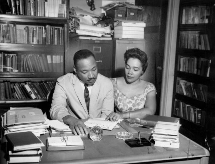 Dr. Martin Luther King Jr. and Coretta Scott King in his Atlanta, Georgia, office, 1962, from @LAPublicLibrary and @CalDigLib via dp.la. Explore Dr. King's legacy with more artifacts from his life and career here: dp.la/search?q=marti…