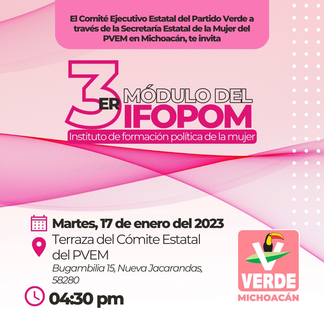 pvemich's tweet photo. Acompáñanos el siguiente martes 17 de enero del 2023 a nuestro 3er. módulo del IFOPOM (Instituto de Formación Política de la Mujer)     contaremos con excelentes ponentes expertos en el tema para poder brindar el mejor aprendizaje posible. 

#PuroVerde #MujerVerde https://t.co/o0cpqYiWpG