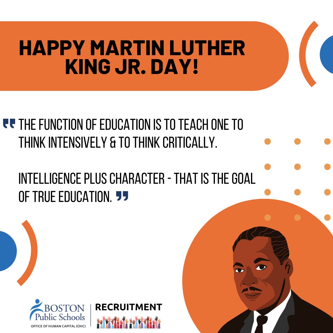 WorkAtBPS's tweet image. Happy #MLK Day! 
This day commemorates the birth of Martin Luther King Jr., the recipient of the 1964 Nobel Peace Prize and an activist for nonviolent social change until his assassination in 1968.  
@BostonSchools #BPSPride #MLKDay2023