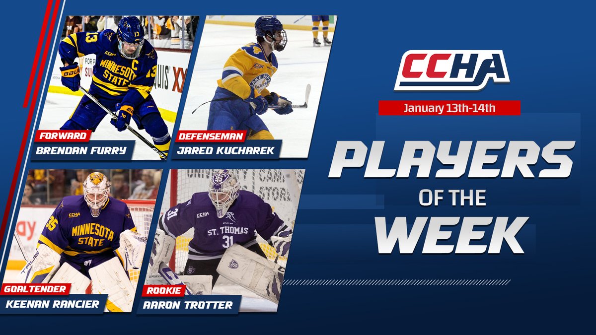 CCHAHockey's tweet photo. Stick taps to our #CCHA Players of the Week! (Jan. 13-14)

📰: https://t.co/I2wVBwm9mL

#CCHAHockey https://t.co/tg6qonHRKb