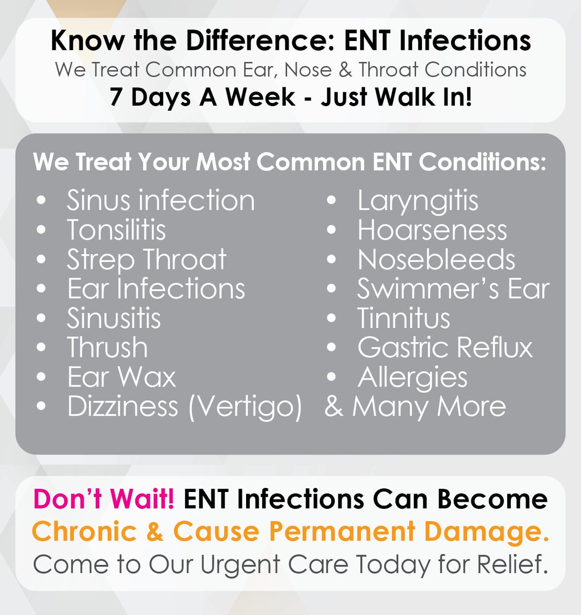 We treat many common illnesses of the ears, nose & throat - 7 Days A Week. Don't wait to get relief, just walk in!

#doctorsofficeurgentcare #NJdoctors #illnesses #ENT #infections #walkinurgentcare #urgentcare #allergies #sickday #brickNJ #manalapan #paramus #westcaldwell