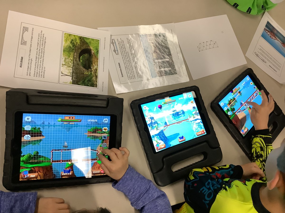 Gamerd0g's tweet photo. First grade civil engineers moved from applied science to tech. Last week engineers collaborated to design a bridge spanning, at least, 36" using popsicle sticks. This week students used @BridgeConstructor app to build bridges! #STEM is so cool! #math #bridgeconstructor #STEMed https://t.co/juDcbFjoUu