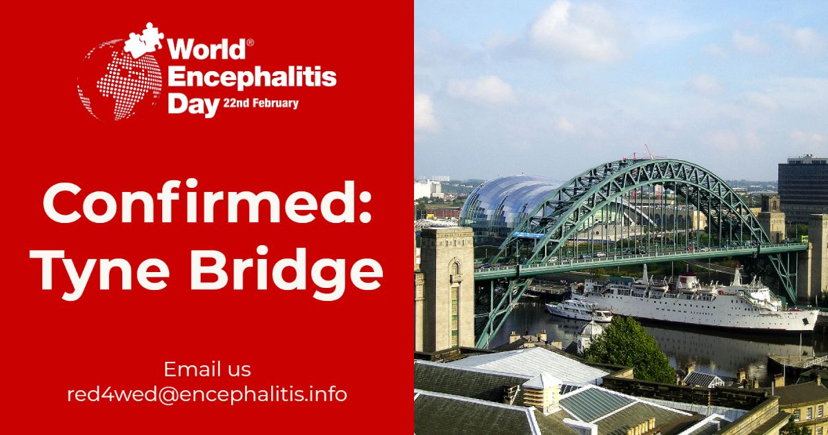 The Tyne Bridge is going #Red4WED!

Adding the city of Newcastle to the list of places supporting us this #WorldEncephalitisDay

Would you like your town/city to join in? Click the link below to see how you can get started 👇

bit.ly/3QIlWPa