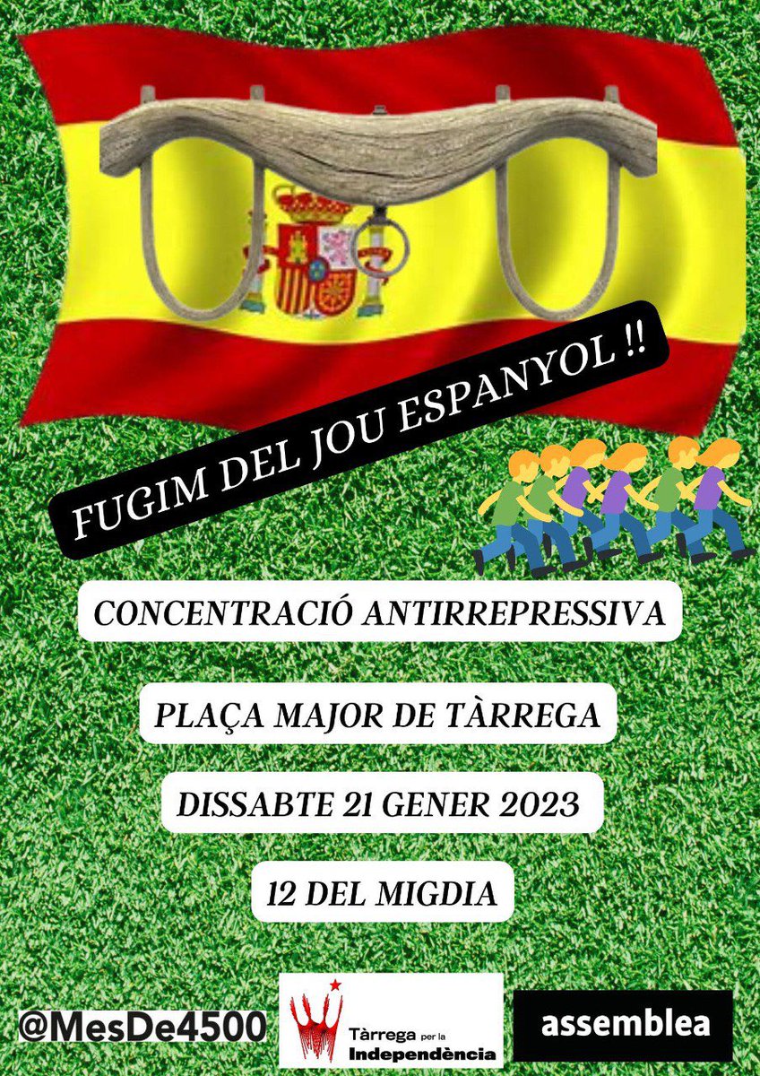 Concentració antirepressiva!! 
Tercer dissabte de més sortim Al carrer per dir #ProuRepressió 
21 de gener
Plaça Major
12 del migdia
Us hi esperem!!
#TàrregaPerLaIndependència 
#LaForçaQueTotHoMou 
#LluitemIGuanyem 
Som-hi!!