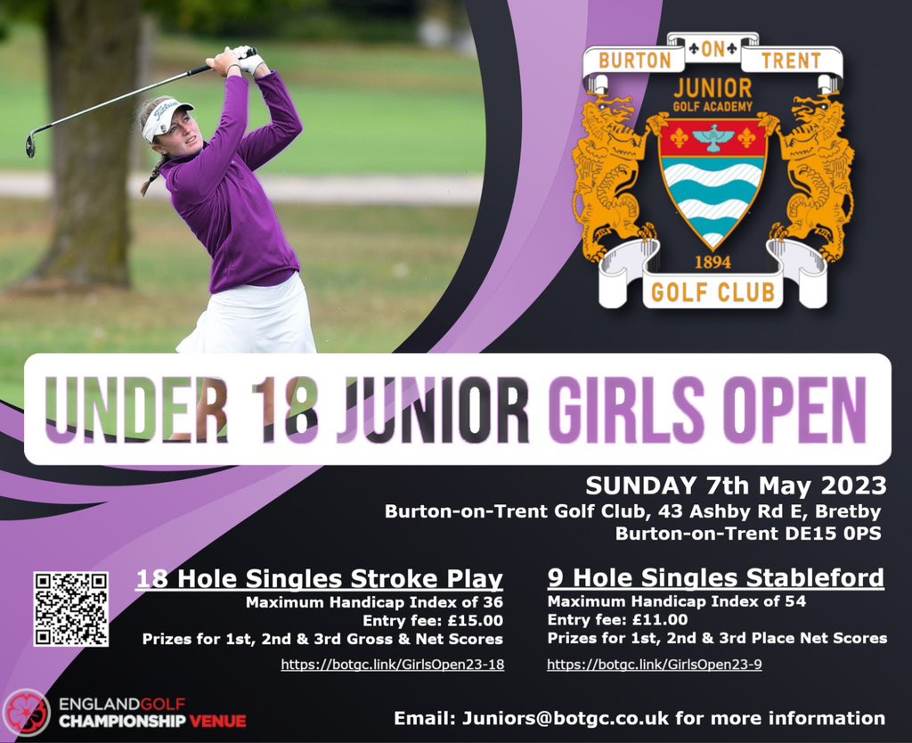 Burton-on-Trent Golf Club to launch its first all-girls Junior Open on Sunday 7th May. An 18-Hole and an alternative 9-Hole competition is available. 
Enter at botgc.link/GirlsOpen23-18