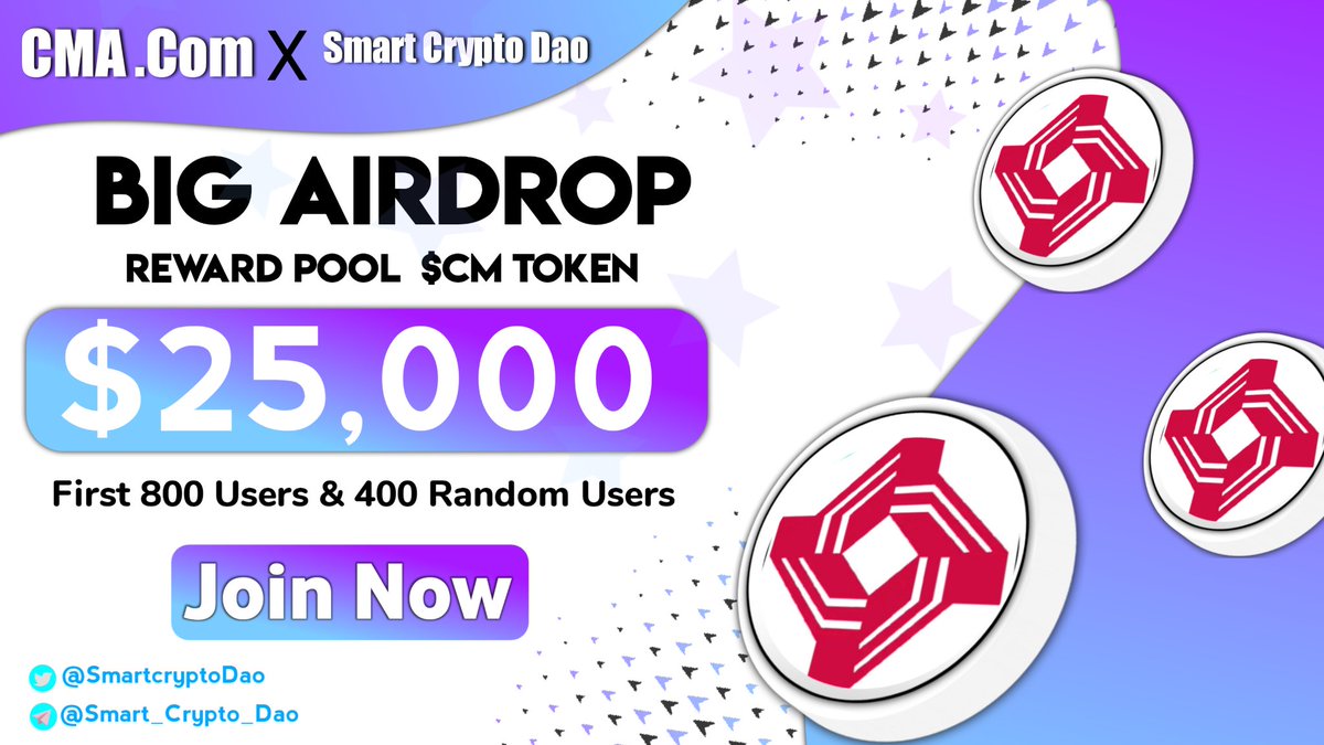 🥳 CMA.Com X Smart Crypto Dao Massive #Airdrop 

🏆 Reward Pool:- $25,000 #CM Token  
First 800 Users &amp; 400 Random Users

➡️ Follow <a href="/CMAcom11/">CMA.com</a> &amp; 
<a href="/Smartcryptodao/">Smart Crypto Dao 🌐</a>
➡️ Like, RT &amp; Tag 3 Friends
➡️ Finish #Gleam ⤵️
gleam.io/xaW5n/cm-givea…

26 JAN⏰

#Giveaway #Airdrops