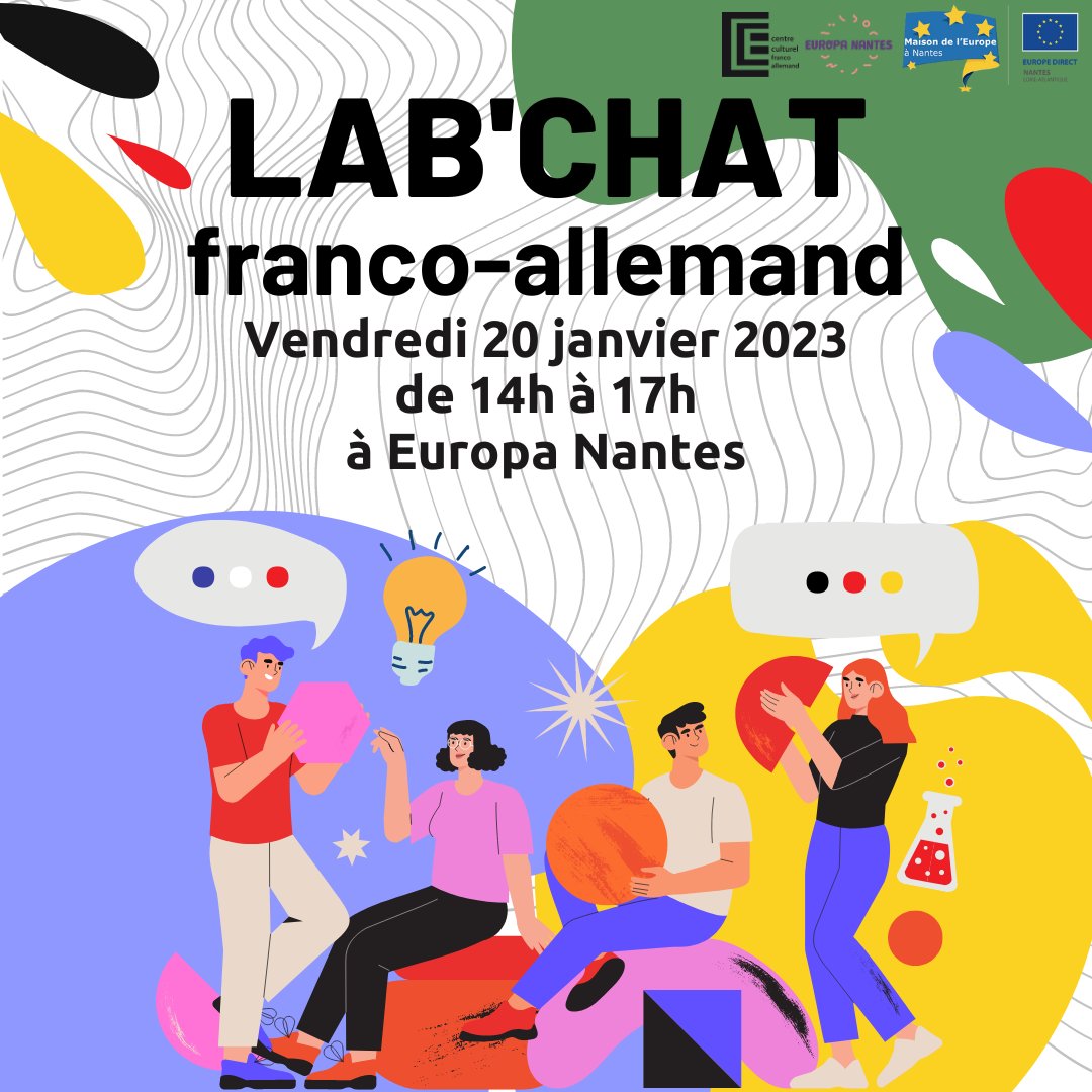 🇫🇷🥳🇩🇪 #JFA2023 Le CCFA et la <a href="/MaisondelEurope/">Maison de l'Europe - Europa Nantes - EUROPE DIRECT</a> organisent ce vendredi de 14 à 17h le "Lab'Chat", un atelier jeunes pour découvrir le monde des échanges et projets franco-allemands. Inscription ici :docs.google.com/forms/d/1yigQ6… #DFT2023 #nantes
