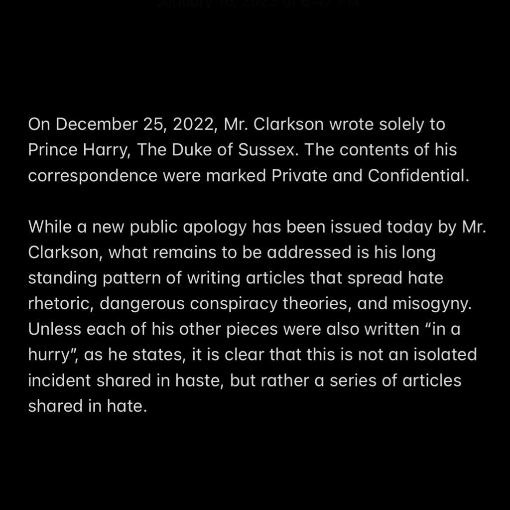 SholaMos1's tweet photo. Jeremy Clarkson is a jackass. Not only does he NOT apologise directly to Meghan Markle, he writes to her HUSBAND to sideline her like she doesn’t exist? Peak Misogyny.

Did he try to excuse his hateful, violent &amp; racist abuse of Meghan with “in a hurry”??? Insult.

What an Ass. https://t.co/dj2jMr1iWx