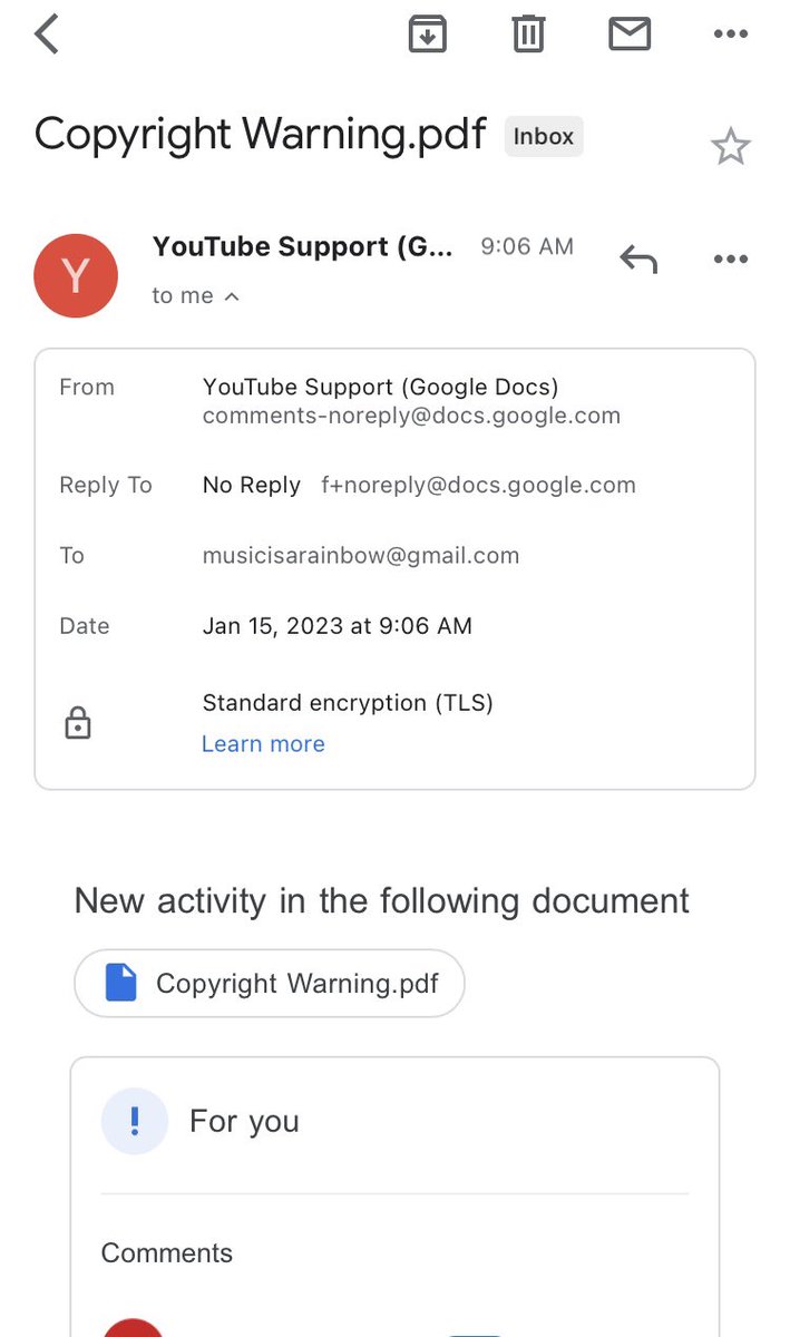 musicisarainbow's tweet photo. Oh I almost fell for this it is so believable I am definitely going to open the attachment and beg @YouTube for forgiveness. ๐ #scammers #fakecopyrightstrike https://t.co/AM0Fj09ISW