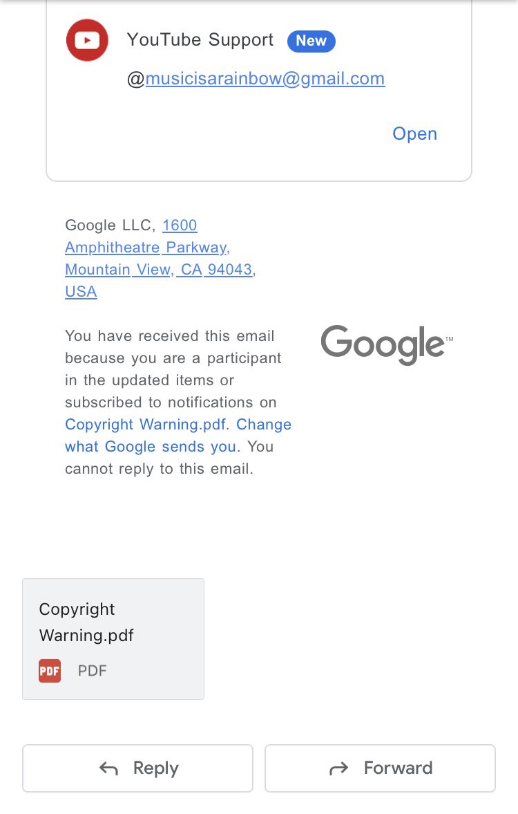 musicisarainbow's tweet photo. Oh I almost fell for this it is so believable I am definitely going to open the attachment and beg @YouTube for forgiveness. ๐ #scammers #fakecopyrightstrike https://t.co/AM0Fj09ISW