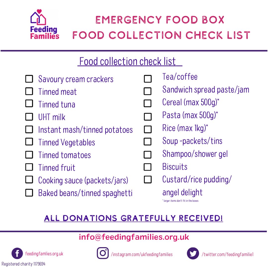 Food Collections - can you help? We need a constant flow of food into our packing centres to support all the families that need our help. If you can arrange a collection,we can provide a collection box and flyers.. Please email: Sarahmcphie@feedingfamilies.org.uk