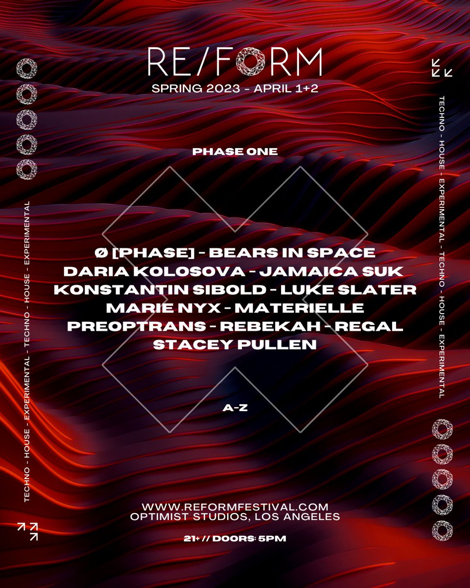 We are back at Optimist Studios on April 1+2! 🔘🔥
Tickets on sale THIS WEEK:
🔘 Text "REFORM" to +1-844-702-5278  for SMS Presales
- Tue 17th, 12pm
🔘 General public sale
- Thu 19th, 12pm
Set your :alarm_clock: and sign up for SMS to reform the way you experience techno! 🔘🖤