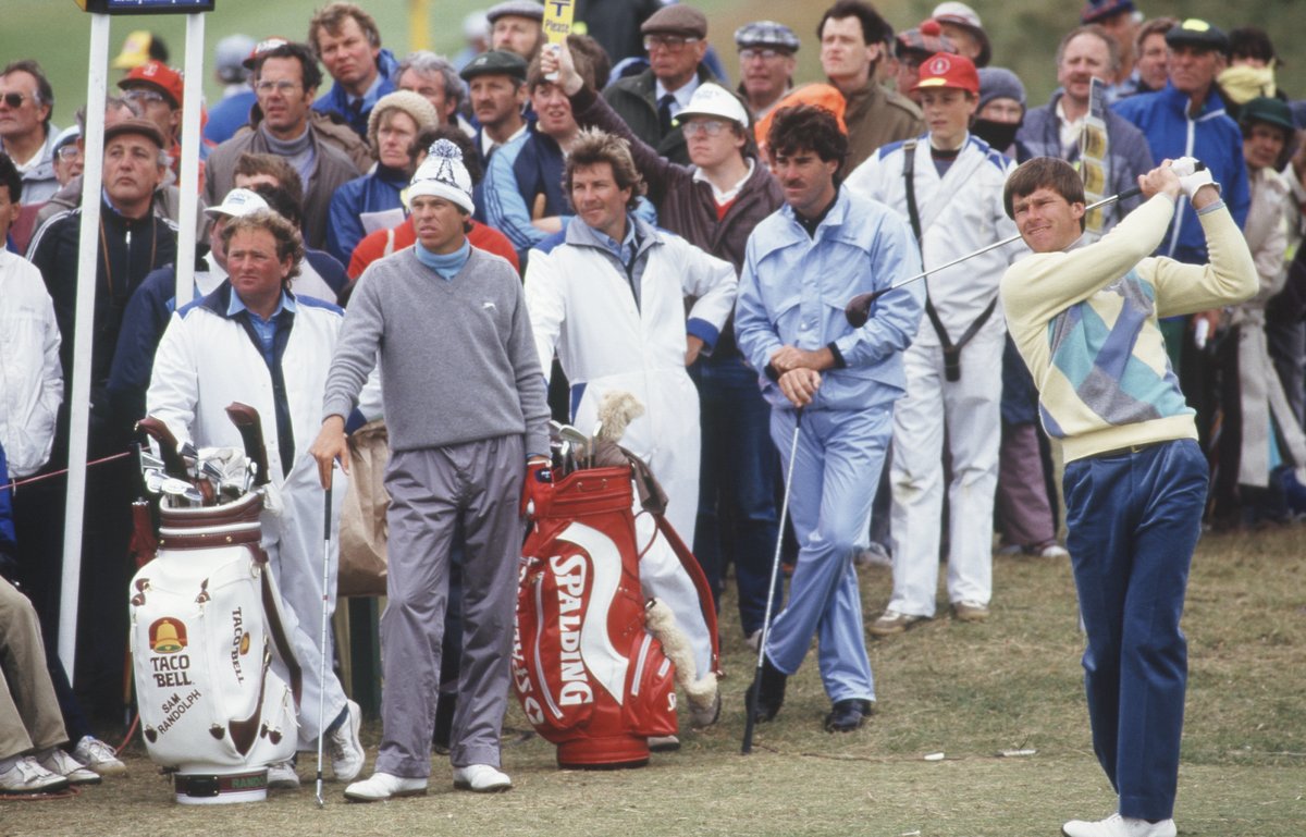 1986 Open. 

Not sure who this is playing with Faldo but the Taco Bell staff bag is legit.