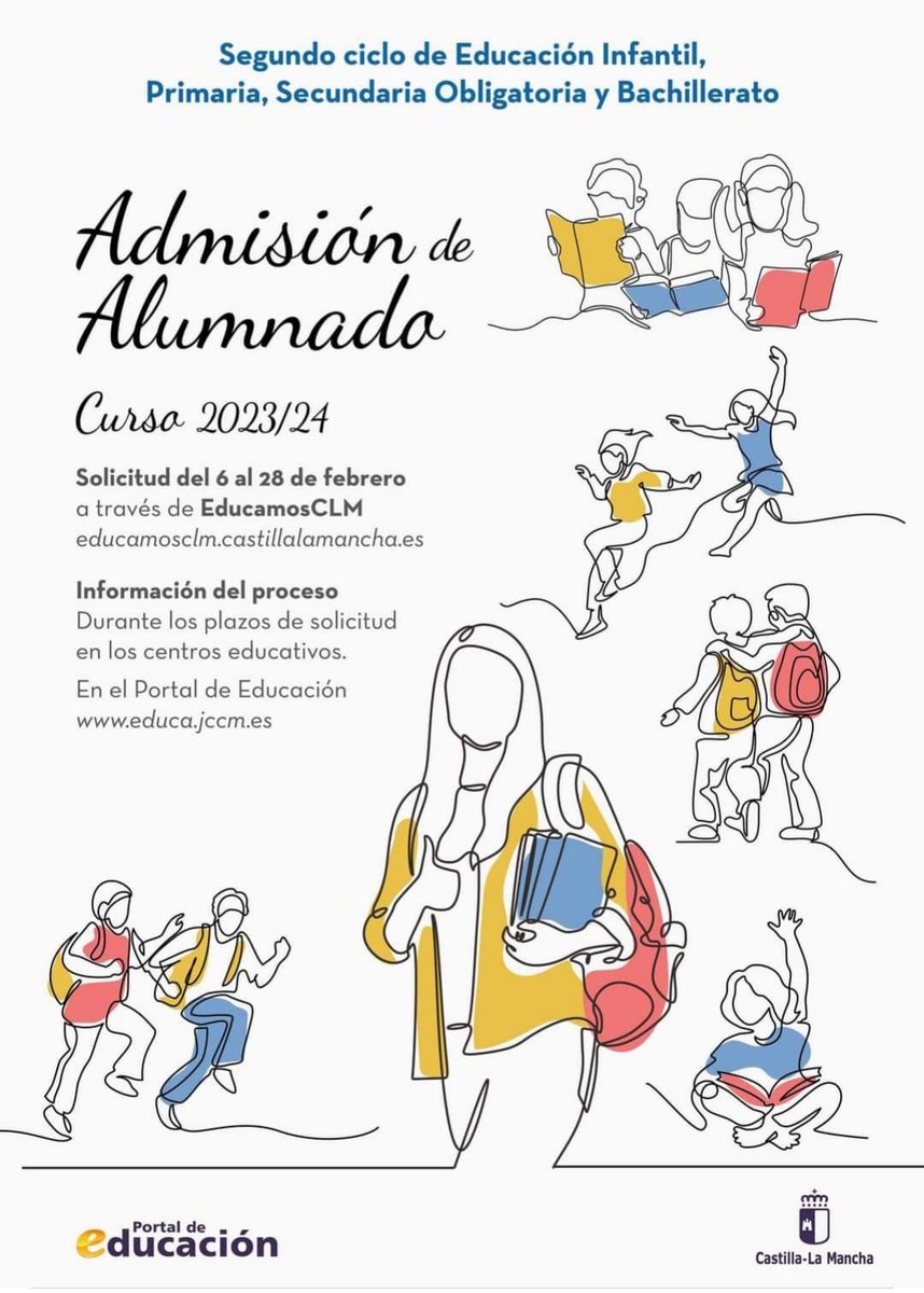 Período de admisión para el curso 2023/2024. Plazo de solicitud desde el 6 al 28 de febrero. Puedes realizarla online a través de EducamosCLM