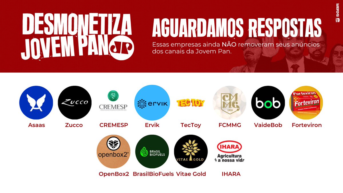 slpng_giants_pt's tweet image. 🚨 Vamos começar a semana com 1000 comentários  #DesmonetizaJovemPan as empresas que ainda anunciam no site ou na rádio/TV? 👇🏽

📢  @Huawei_Brasil @C6Bank @SumUp_BR @oBoticario @Lacta @yamahabrasil @JeepdoBrasil @americanas @xpinvestimentos @FiatBR @SpotifyBrasil @LogitechG